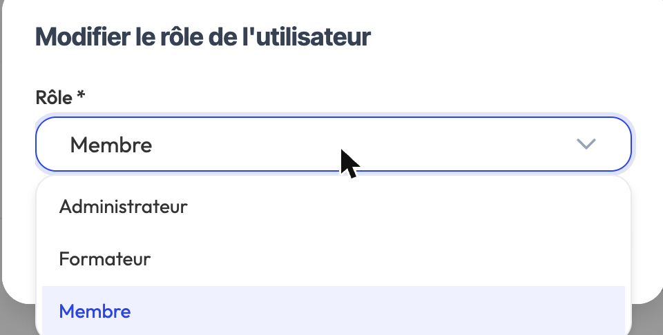 Modifier le rôle d’un utilisateur : administrateur, formateur ou membre
