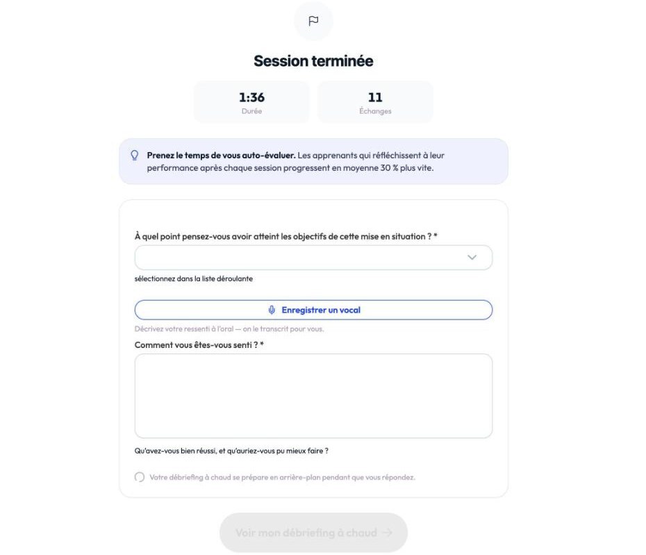 L’écran d’auto-évaluation affiché à la fin d’une simulation