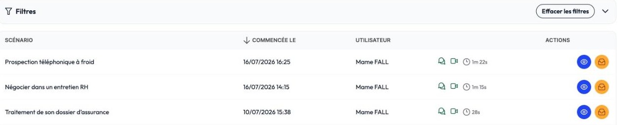 Les filtres des sessions de l’espace de travail