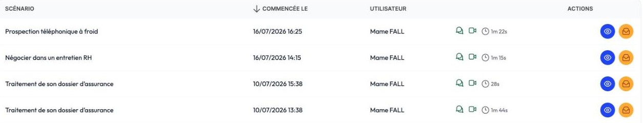 Les indicateurs affichés sur chaque ligne de session : transcription, vidéo, durée