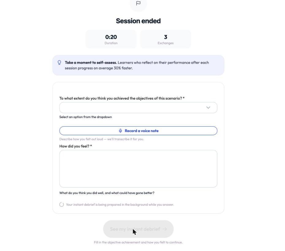 The self-evaluation screen shown at the end of a simulation