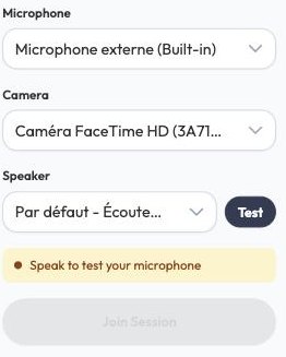 Microphone, camera and speaker selectors with the mic level indicator