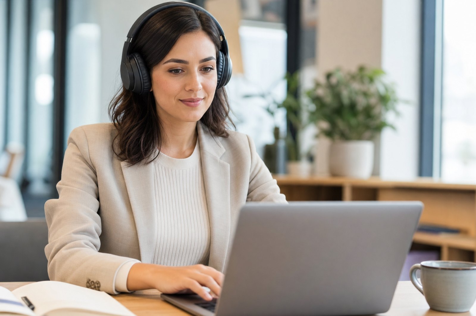 Une apprenante détendue, casque sur les oreilles, pendant une simulation