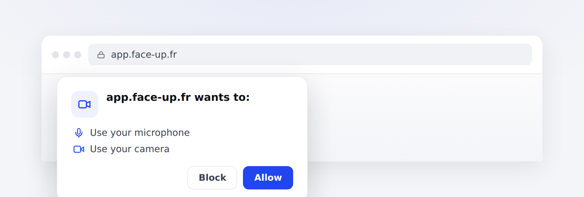 The browser prompt asking for microphone and camera access
